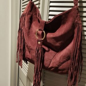 Vintage Beet suede fringe tote